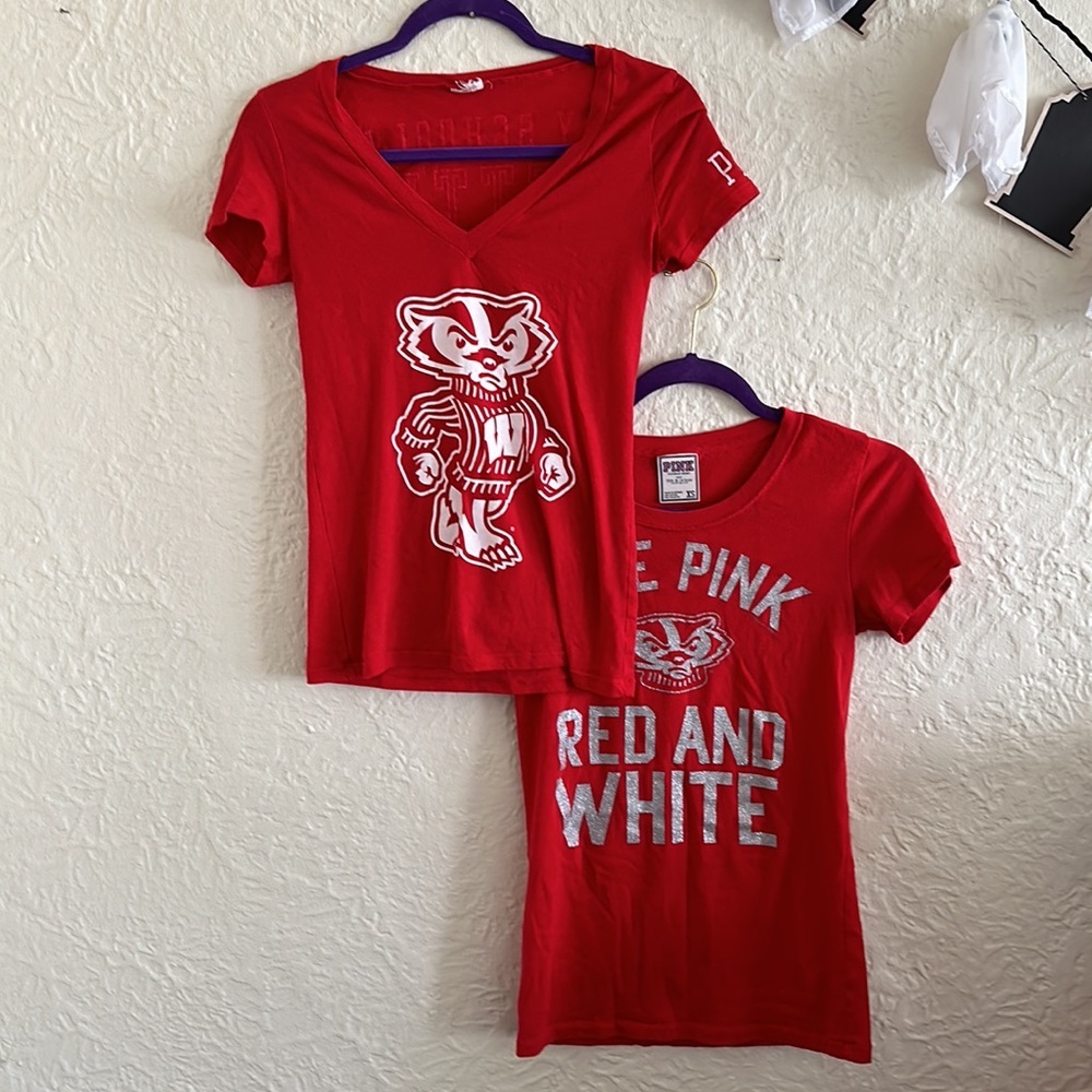 Victoria’s Secret Pink UW Madison Badgers T-Shirt Bundle 2 Red Silver Glitter XS